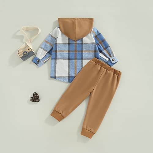 Toddler Baby Boy Clothes Button Flannel Hooded Plaid Shirt Tops Sweatpants Kids Boys Fall Winter Outfits Set (A Blue, 3-4 Years) from AEEMCEM