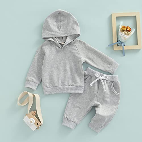 Toddler Baby Boy Girl Clothes Long Sleeve Hoodie Sweatshirt Tops+Drawstring Pants Set Fall Winter Tracksuit Outfits (Grey, 3-6 Months) by SOLILOQUY