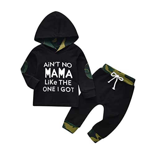 Toddler Infant Baby Boy Clothes Aint No Mama Like The One I Got Printed Hoodie Tops Sweatsuit Splicing Pants Outfit Set (0-6 Months) from 