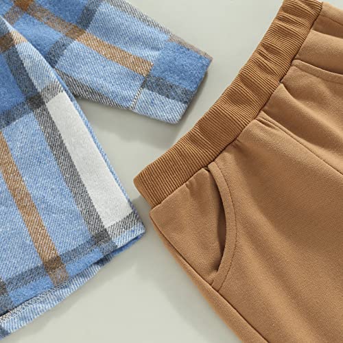 Toddler Baby Boy Clothes Button Flannel Hooded Plaid Shirt Tops Sweatpants Kids Boys Fall Winter Outfits Set (A Blue, 3-4 Years) from AEEMCEM