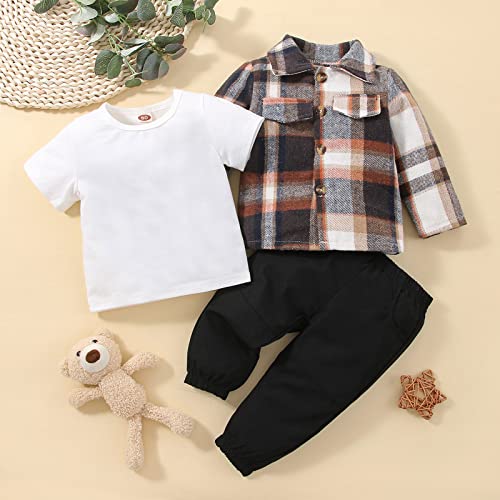 Toddler Boy Clothes Plaid Outerwear Button Down Shirts Fannel Long Sleeve Winter Fall 3pc Outfits Pant Set 6M-4T (3-4T, Dark Brown) by 