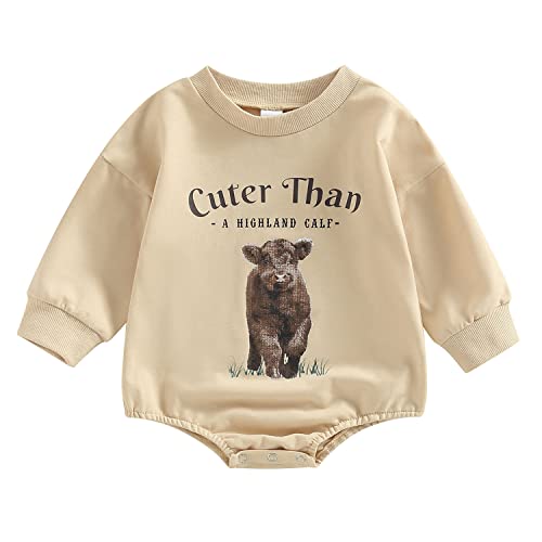 Western Baby Boy Clothes Cow Print Onesie Cowboy Crewneck Sweatshirt Oversized Tops Romper Winter Newborn Outfit(B Ginger 0-3 Months) by Qiylii