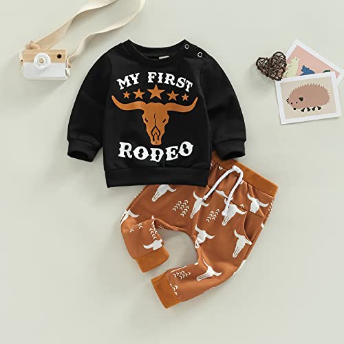 Western Baby Boy Clothes Mama's Little Man Sweatshirt Cow Print Top Pants Set 2Pcs Fall Winter Clothes Set (Black-My First Rodeo, 0-3 Months) by LXXIASHI