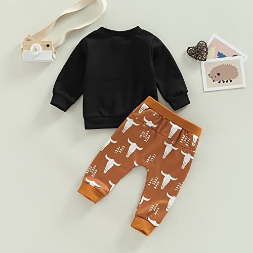 Western Baby Boy Clothes Mama's Little Man Sweatshirt Cow Print Top Pants Set 2Pcs Fall Winter Clothes Set (Black-My First Rodeo, 0-3 Months) by LXXIASHI