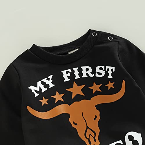 Western Baby Boy Clothes Mama's Little Man Sweatshirt Cow Print Top Pants Set 2Pcs Fall Winter Clothes Set (Black-My First Rodeo, 0-3 Months) by LXXIASHI