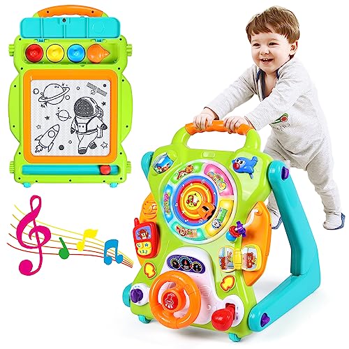 3-IN-1 Baby Sit to Stand Walker Toy Activity Table Drawing Board Educational Toys for 1 Year Old Boy Girl Birthday Gift 9 12 18 Months 2 3 Year Old Baby Kid Toddler Push Toy Musical Sound Light Effect by ORWINE
