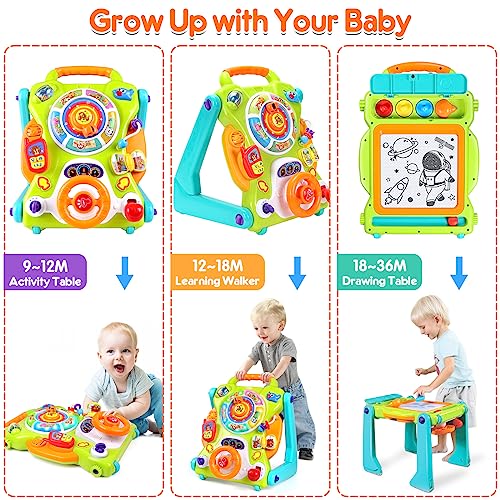 3-IN-1 Baby Sit to Stand Walker Toy Activity Table Drawing Board Educational Toys for 1 Year Old Boy Girl Birthday Gift 9 12 18 Months 2 3 Year Old Baby Kid Toddler Push Toy Musical Sound Light Effect by ORWINE