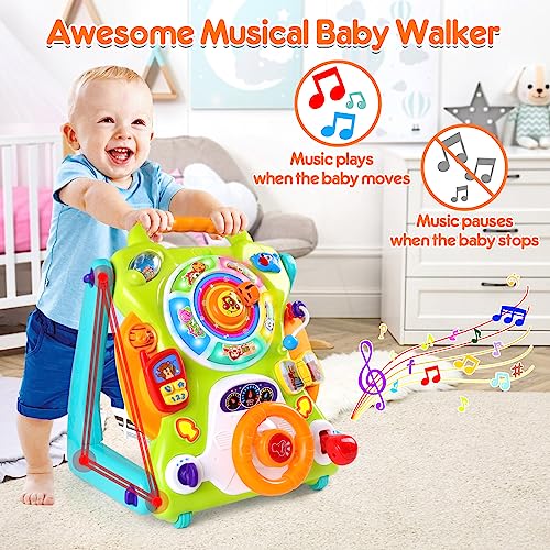 3-IN-1 Baby Sit to Stand Walker Toy Activity Table Drawing Board Educational Toys for 1 Year Old Boy Girl Birthday Gift 9 12 18 Months 2 3 Year Old Baby Kid Toddler Push Toy Musical Sound Light Effect by ORWINE