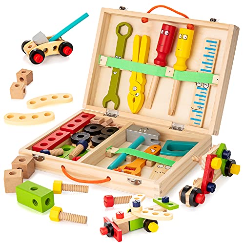 KIDWILL Tool Kit for Kids,Wooden Tool Box with 33pcs Wooden Tools,Building Toy Set,Educational DIY Construction Toy, STEM Toy,Creative Gift for Toddlers Boys Girls from KIDWILL