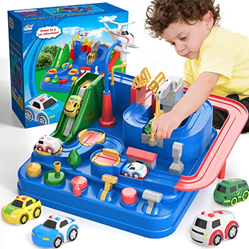 Lucky Doug Toddler Toys for 2 3 4 5 6 Year Old Boys, Race Car Tracks Toys for Boys, Car Rescue Adventure Preschool Educational Toys Christmas Birthday Gifts for Boys with 4 Mini Car 6 Buttons by Lucky Doug