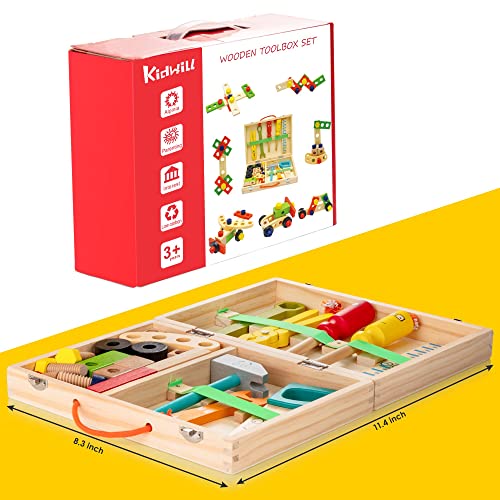 KIDWILL Tool Kit for Kids,Wooden Tool Box with 33pcs Wooden Tools,Building Toy Set,Educational DIY Construction Toy, STEM Toy,Creative Gift for Toddlers Boys Girls from KIDWILL