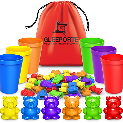 Rainbow Counting Bears With Matching Sorting Cups (67 Pcs Set) + FREE Storage Bag | STEM Educational Gift For Toddler | Montessori Sorting And Counting Toy | Pre-School Color Learning Toy For Children by Gleeporte