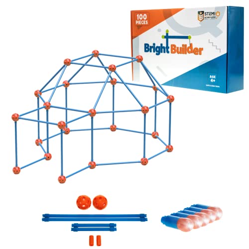 100 Pieces Fort Building Kit Plus 5 Light Set for Kids 4-8 - STEM Building DIY Educational Toy - Blue and Red - Intellio Toys Bright Builder by Intellio Toys