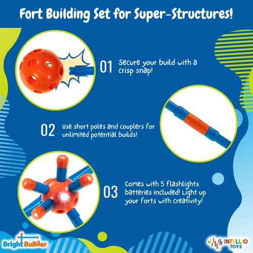 100 Pieces Fort Building Kit Plus 5 Light Set for Kids 4-8 - STEM Building DIY Educational Toy - Blue and Red - Intellio Toys Bright Builder by Intellio Toys