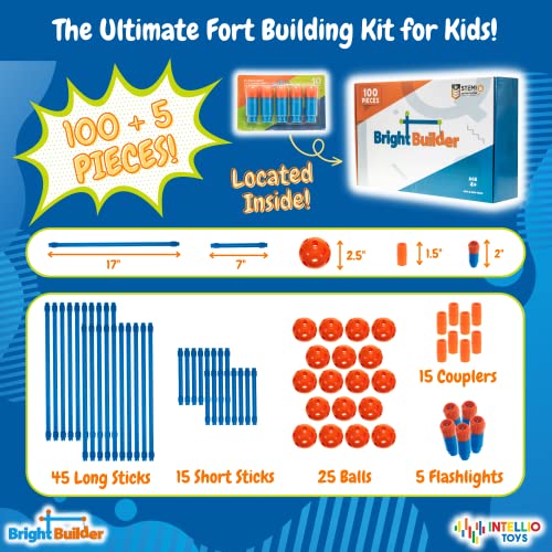 100 Pieces Fort Building Kit Plus 5 Light Set for Kids 4-8 - STEM Building DIY Educational Toy - Blue and Red - Intellio Toys Bright Builder by Intellio Toys