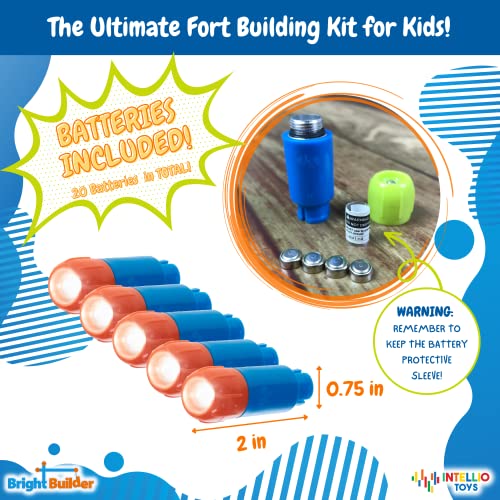 100 Pieces Fort Building Kit Plus 5 Light Set for Kids 4-8 - STEM Building DIY Educational Toy - Blue and Red - Intellio Toys Bright Builder by Intellio Toys