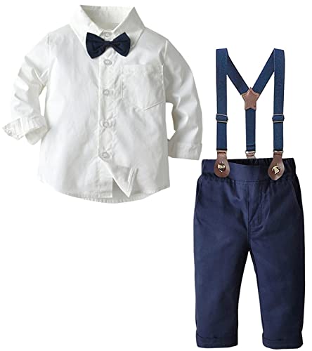 Baby Boys Dress Clothes, Toddlers Boys Long Sleeves Button Down Dress Shirt with Bowtie + Suspender Pants Set Gentlemen Outfit, 1# White, Tag 70 = 9-12 Months by 