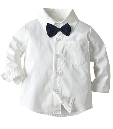 Baby Boys Dress Clothes, Toddlers Boys Long Sleeves Button Down Dress Shirt with Bowtie + Suspender Pants Set Gentlemen Outfit, 1# White, Tag 70 = 9-12 Months by 