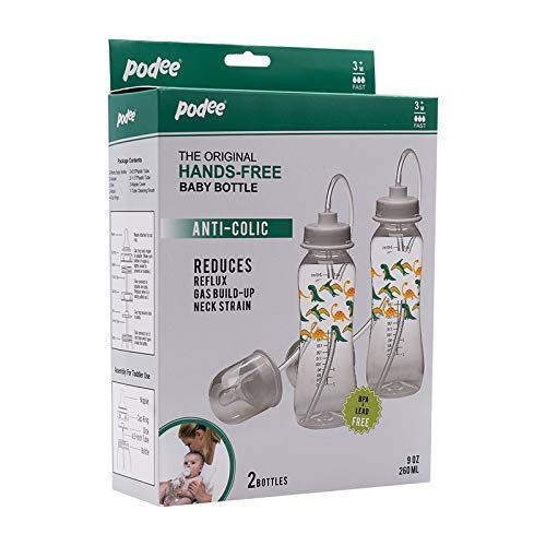 Podee Hands Free Baby Bottle - Anti-Colic Self Feeding System (Dinosaur, 9 oz - 2 Pack) by Podee