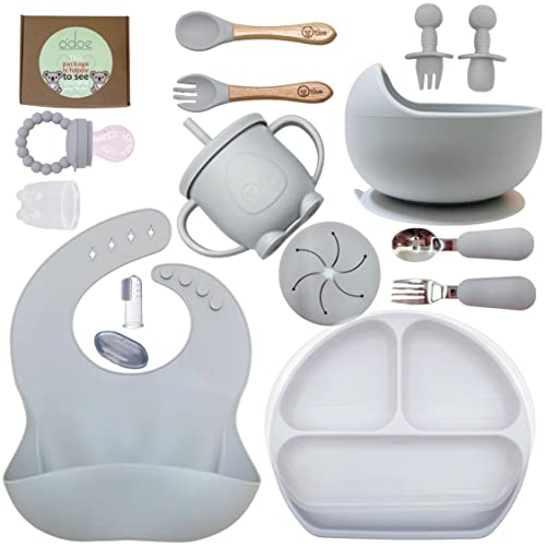o'doe Baby Led Weaning Feeding Supplies for Toddlers, Baby Feeding Set 17 Pcs | Suction Silicone Baby Bowl Self Eating with Fruit Feeder, Cup, Bibs, Food Plate Kit with Lid | Grey V2 from o'doe