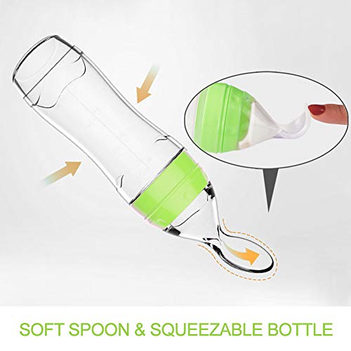 Baby Mate 4oz & 3oz Silicone Baby Food Dispensing Spoon Combo (Green, Ideal for 4 Months+ Babies) - Squeeze Feeder with Spoon - Spoon Bottle for Baby - Baby Spoon Feeder Bottle Baby Solid Food Feeder by BABY MATE BABY SAFETY SOLUTIONS LLC