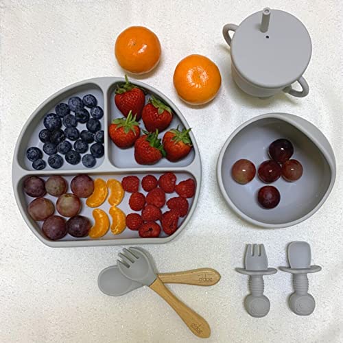 o'doe Baby Led Weaning Feeding Supplies for Toddlers, Baby Feeding Set 17 Pcs | Suction Silicone Baby Bowl Self Eating with Fruit Feeder, Cup, Bibs, Food Plate Kit with Lid | Grey V2 from o'doe