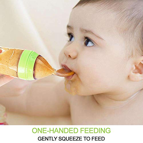 Baby Mate 4oz & 3oz Silicone Baby Food Dispensing Spoon Combo (Green, Ideal for 4 Months+ Babies) - Squeeze Feeder with Spoon - Spoon Bottle for Baby - Baby Spoon Feeder Bottle Baby Solid Food Feeder by BABY MATE BABY SAFETY SOLUTIONS LLC