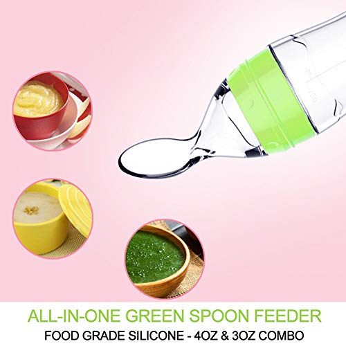 Baby Mate 4oz & 3oz Silicone Baby Food Dispensing Spoon Combo (Green, Ideal for 4 Months+ Babies) - Squeeze Feeder with Spoon - Spoon Bottle for Baby - Baby Spoon Feeder Bottle Baby Solid Food Feeder by BABY MATE BABY SAFETY SOLUTIONS LLC