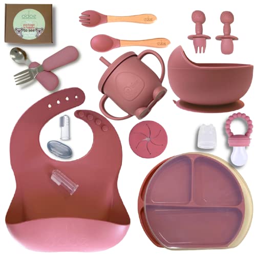 o'doe Baby Led Weaning Feeding Supplies for Toddlers, Baby Feeding Set 17 Pcs | Suction Silicone Baby Bowl Self Eating with Fruit Feeder, Cup, Bibs, Food Plate Kit with Lid | Rose Pink V2 from o'doe