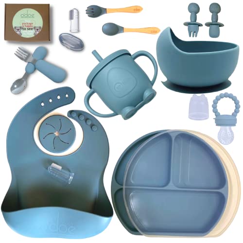 o'doe Baby Led Weaning Feeding Supplies for Toddlers, Baby Feeding Set 17 Pcs | Suction Silicone Baby Bowl Self Eating with Fruit Feeder, Cup, Bibs, Food Plate Kit with Lid | Blue V2 by o'doe