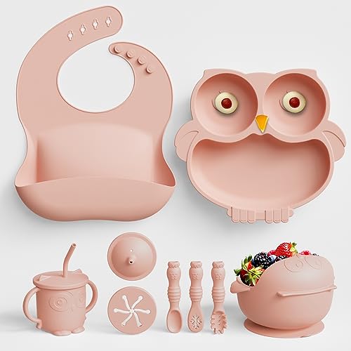 10 Pack OWL baby plates with suction, baby feeding set, silicone bibs for babies, baby bowls, baby spoons self feeding, baby led weaning supplies pink from 