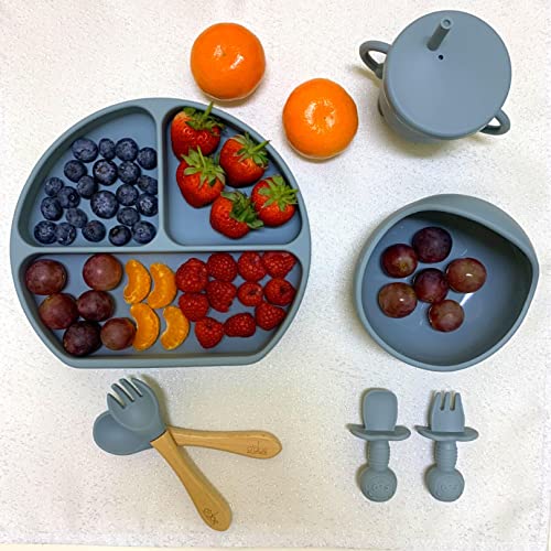 o'doe Baby Led Weaning Feeding Supplies for Toddlers, Baby Feeding Set 17 Pcs | Suction Silicone Baby Bowl Self Eating with Fruit Feeder, Cup, Bibs, Food Plate Kit with Lid | Blue V2 by o'doe