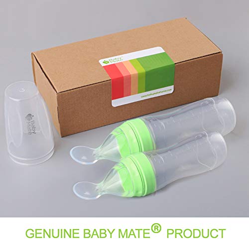 Baby Mate 4oz & 3oz Silicone Baby Food Dispensing Spoon Combo (Green, Ideal for 4 Months+ Babies) - Squeeze Feeder with Spoon - Spoon Bottle for Baby - Baby Spoon Feeder Bottle Baby Solid Food Feeder by BABY MATE BABY SAFETY SOLUTIONS LLC