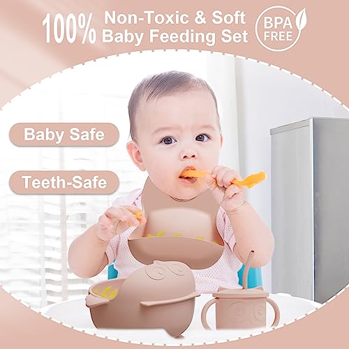 10 Pack OWL baby plates with suction, baby feeding set, silicone bibs for babies, baby bowls, baby spoons self feeding, baby led weaning supplies pink from 