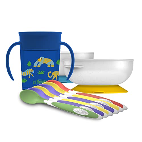 Dr. Brown's Soft-Tip Toddler Feeding Spoons, 6 Pack, No-Slip Suction Bowl, 2 Pack and Milestonesâ¢ Cheers360â¢ Training Sippy Cup with Handles, Blue Animal, 7oz, 6m+ by Dr. Brown's