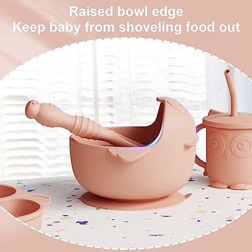 10 Pack OWL baby plates with suction, baby feeding set, silicone bibs for babies, baby bowls, baby spoons self feeding, baby led weaning supplies pink from 
