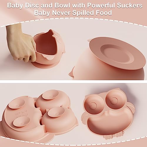 10 Pack OWL baby plates with suction, baby feeding set, silicone bibs for babies, baby bowls, baby spoons self feeding, baby led weaning supplies pink from 