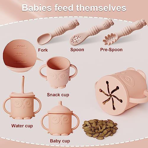 10 Pack OWL baby plates with suction, baby feeding set, silicone bibs for babies, baby bowls, baby spoons self feeding, baby led weaning supplies pink from 