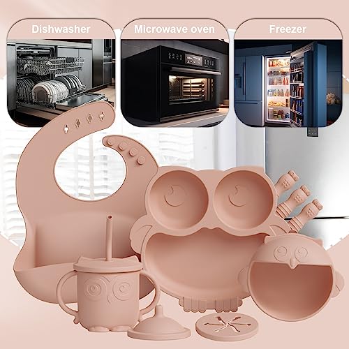 10 Pack OWL baby plates with suction, baby feeding set, silicone bibs for babies, baby bowls, baby spoons self feeding, baby led weaning supplies pink from 