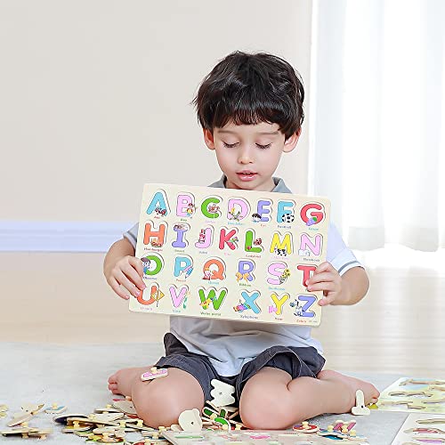 GRINNNIE Wooden Montessori Toddler Puzzles for 2 3 4 Years Old, 3 Pcs (Number, Letter, Shape) Kids Preschool Educational Peg Puzzle Set from Yunhe Tanghu Toy Company