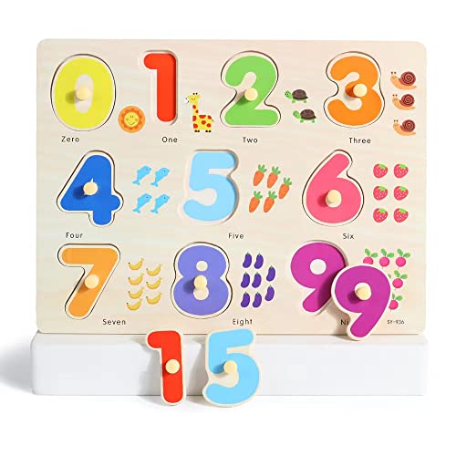GRINNNIE Wooden Montessori Toddler Puzzles for 2 3 4 Years Old, 3 Pcs (Number, Letter, Shape) Kids Preschool Educational Peg Puzzle Set from Yunhe Tanghu Toy Company