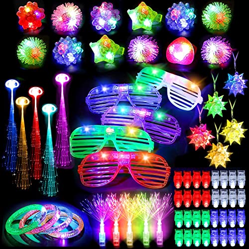 Mibote 67Pcs Led Light Up Toys Party Favors Glow in the Dark Party Supplies for Kid/Adults with 40 Finger Lights, 10 Jelly Rings, 5 Flashing Glasses, 4 Bracelets, 4 Fiber Optic Hair Lights and 4 Crystal Necklaces from MIBOTE