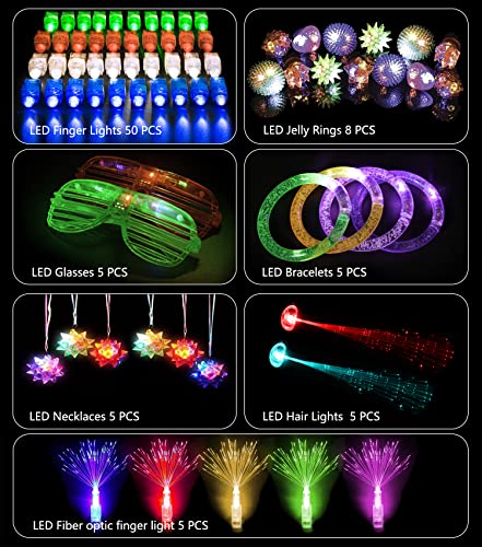 Mibote 67Pcs Led Light Up Toys Party Favors Glow in the Dark Party Supplies for Kid/Adults with 40 Finger Lights, 10 Jelly Rings, 5 Flashing Glasses, 4 Bracelets, 4 Fiber Optic Hair Lights and 4 Crystal Necklaces from MIBOTE