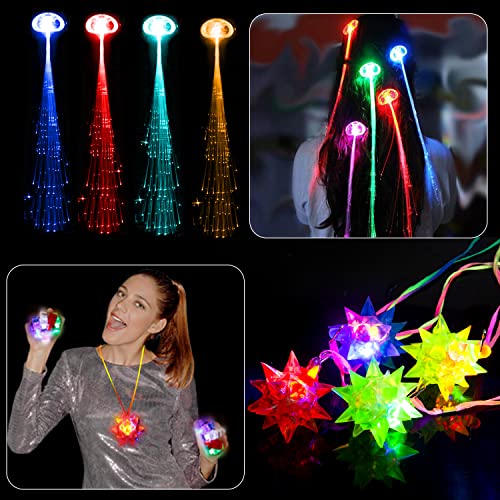 Mibote 67Pcs Led Light Up Toys Party Favors Glow in the Dark Party Supplies for Kid/Adults with 40 Finger Lights, 10 Jelly Rings, 5 Flashing Glasses, 4 Bracelets, 4 Fiber Optic Hair Lights and 4 Crystal Necklaces from MIBOTE