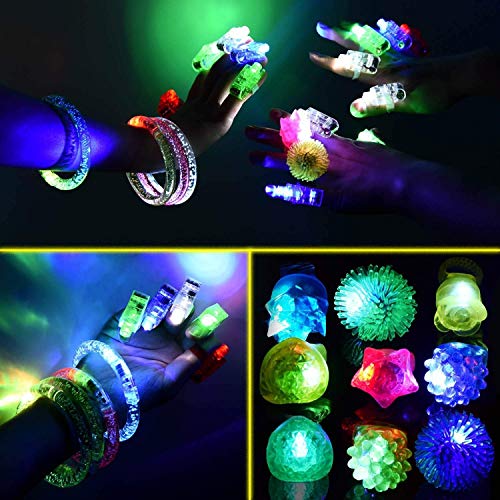 Mibote 67Pcs Led Light Up Toys Party Favors Glow in the Dark Party Supplies for Kid/Adults with 40 Finger Lights, 10 Jelly Rings, 5 Flashing Glasses, 4 Bracelets, 4 Fiber Optic Hair Lights and 4 Crystal Necklaces from MIBOTE