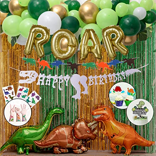 115pc Dinosaur Party Supplies - Decorations Set â 3 Big 33" Jurassic Park & Gold ROAR Foil Balloons, Cupcake Toppers & Tattoo Stickers, Jungle Theme Balloon Garland (GOLD) by Emuya
