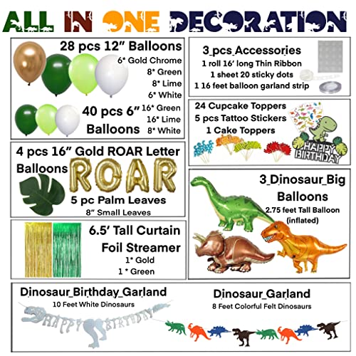 115pc Dinosaur Party Supplies - Decorations Set â 3 Big 33" Jurassic Park & Gold ROAR Foil Balloons, Cupcake Toppers & Tattoo Stickers, Jungle Theme Balloon Garland (GOLD) by Emuya