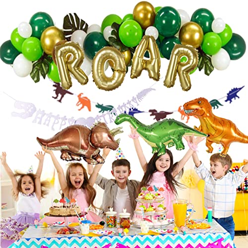 115pc Dinosaur Party Supplies - Decorations Set â 3 Big 33" Jurassic Park & Gold ROAR Foil Balloons, Cupcake Toppers & Tattoo Stickers, Jungle Theme Balloon Garland (GOLD) by Emuya