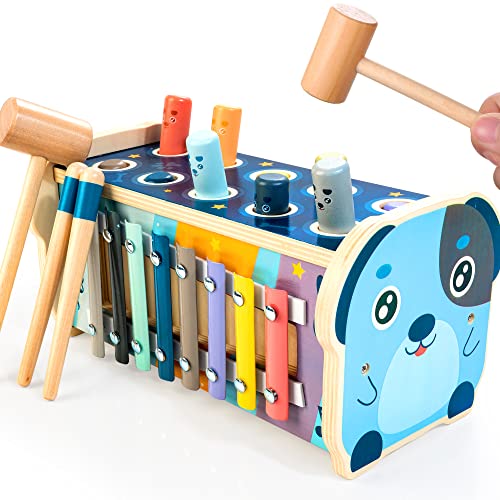 KIDWILL Wooden Hammering Pounding Toy, Educational Pegs Pound Maze Puzzle Number Sorter Musical Toy with Xylophone, Hammers, Mallets, Best Birthday Gifts for 1 2 3 4 Years Baby Toddler Boy Girl from KIDWILL