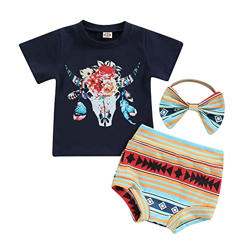 Westem Newborn Infant Baby Girls Clothes Short Sleeve Cow Print Tops Short Pants Headband Toddler Outfits (Dark Blue, 0-3 Months) from MA&BABY
